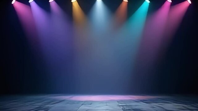 Seamless loop animation of theater spotlights flashing on dramatic empty stage

