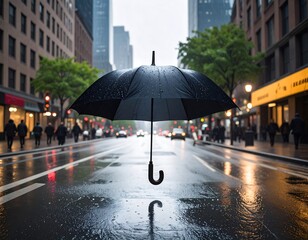 Floating umbrella in a rainy city street