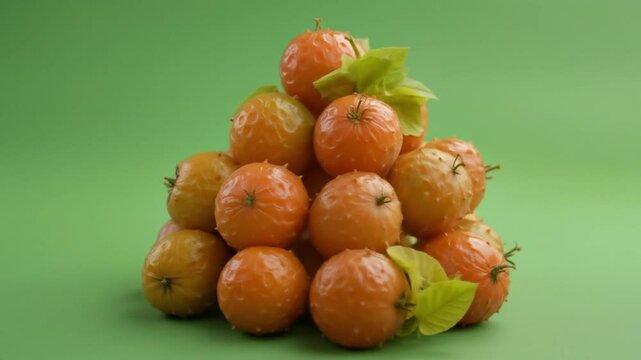 Close-up of stacked naranjilla fruits on a green background with leaves, fresh harvest