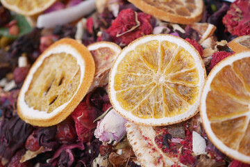 Dried fruit and floral blend displayed at a market