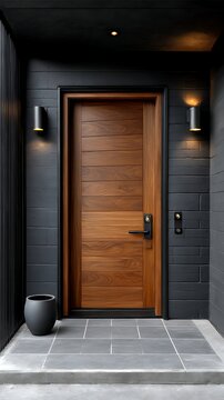 A sleek wooden door with a matching light fixture on a dark wall in a minimalistic setting