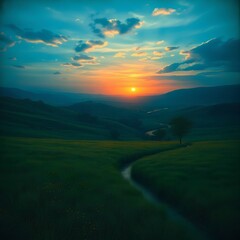 Serene Nature Landscape with Mountains, River, and Sunset Sky &ndash; Ideal Background for Design and Print, Generated AI