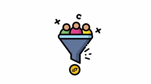 Animated conversion rate icon with funel and audience. 4k video alpha channel