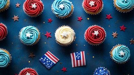 Top view flat lay of cupcakes with red, white, and blue frosting surrounded by mini U.S. flags and stars.