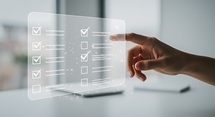 A hand interacts with a holographic checklist overlay on a desk in an office setting technology 