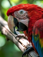 Scarlet macaw close up profile on branch