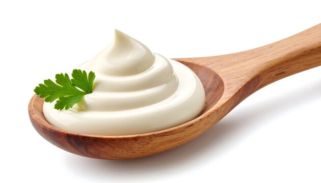 Creamy mayonnaise on a wooden spoon