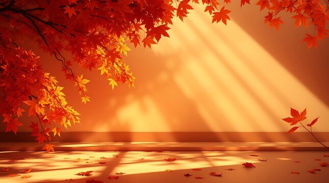 Golden autumn foliage with sunbeams casting shadows on warm tone surface