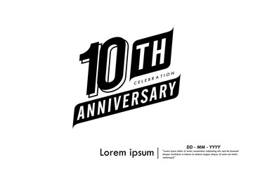 10th years anniversary celebration emblem. congratulations anniversary black logo badge isolated with ribbons on white background. vector illustration template design for web banner.	
