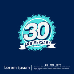 30th years anniversary celebration emblem. congratulation anniversary blue medal logo isolated with ribbon on blue background. vector illustration template design for web banner	
