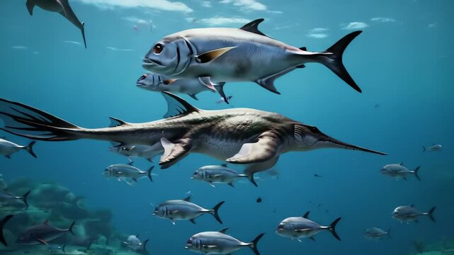 Ichthyosaur swims amid a school of smaller fish in clear blue ocean water