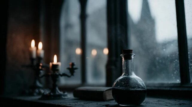 A dark and mysterious room showcases a glass flask filled with liquid, surrounded by flickering candlelight.