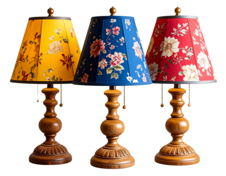 Set of Wooden Table Lamps with Colorful Floral Fabric Lampshades, isolated on transparent background PNG