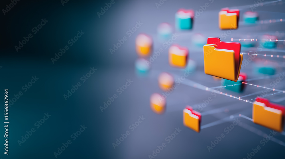 Fototapete Digital Data Flow: Visualize the seamless movement of information and data within a digital realm. Colorful file icons navigate a network of interconnected lines, representing cloud computing.