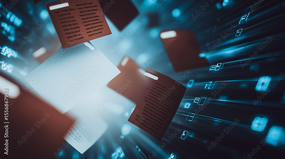 Poster digital data flow: floating digital files cascade through a network of luminous data streams, captur