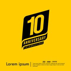 10th years anniversary celebration emblem. congratulations anniversary black logo isolated with ribbons on yellow background. vector illustration template design for web banner.	