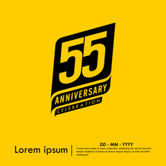 55th years anniversary celebration emblem. congratulations anniversary black logo isolated with ribbons on yellow background. vector illustration template design for web banner.	
