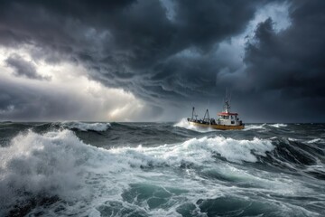 Fishing boat returning in stormy weather