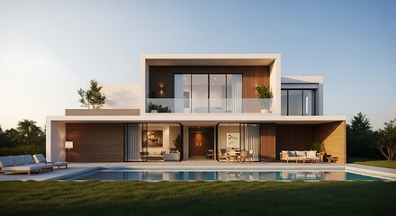 Modern Home Exterior with Pool and Landscaped Yard