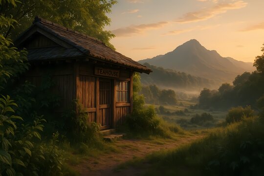 Serene wooden teahouse nestled in a lush valley at sunrise, capturing tranquility