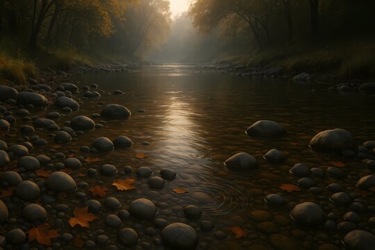 Tranquil river flows gently through a scenic autumn landscape in a misty atmosphere