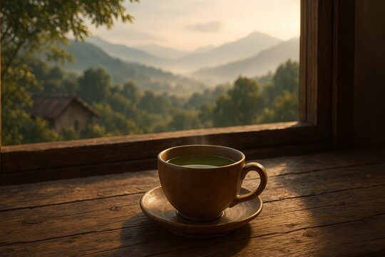 Steaming cup of tea on a wooden table, daylight simple compose looking out the window