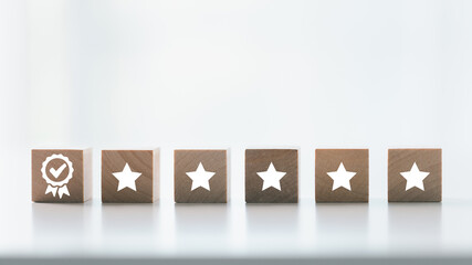 Customer showing rating with happy icon, Customer satisfaction survey concept, Positive feedback from happy client satisfaction with quality of service, marketing surveys, ratings, review, copy space
