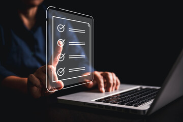 Woman using tablet, laptop futuristic digital interface icons manages checklist online quality control document management system streamlining workflow approval, advanced concept of modern efficiency