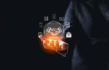 Modern procurement, smart digital interface featuring handshake icon symbol agreement businessmen, streamlining contract document workflow integrated business solutions advanced supply chain systems.