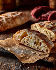 Rustic Italian Ciabatta Bread on Baking Parchment with Torn Edge