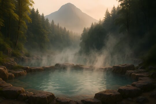 Serene mountain hot spring surrounded by forest and mist at golden hour light.