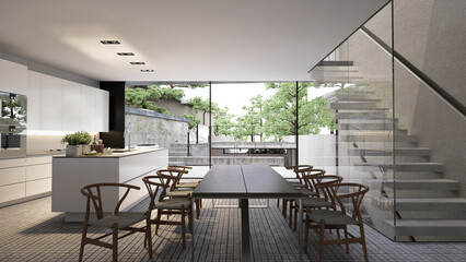 Modern open kitchen and dining area with sleek design. 3D illustration