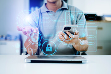 Cyber security data protection Business working on compute Intelligenc digital tablet global...