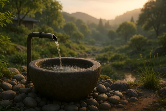 Tranquil stone washbasin with flowing water in a serene mountain landscape.