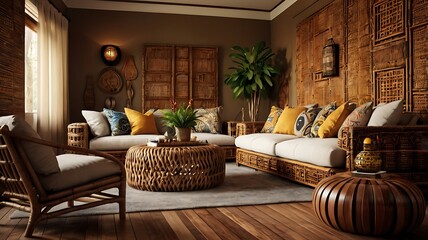 Cozy African living room, 3D render, rattan textures, bold patterns, warm lighting