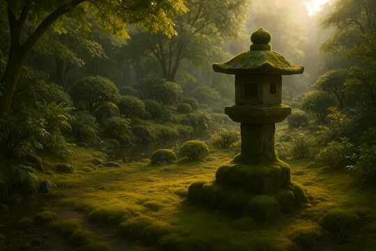 Stone lantern illuminates a serene garden scene with verdant foliage and soft lighting.