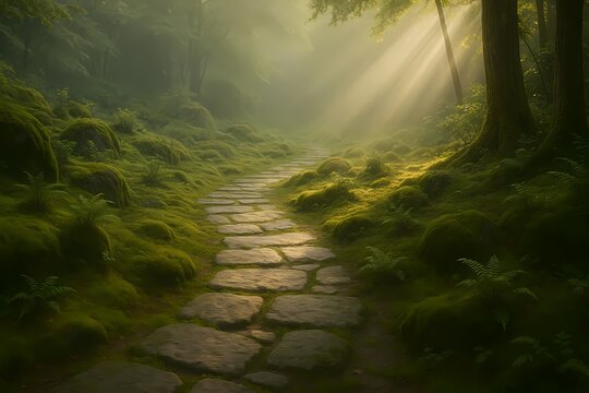 Sunlit stone pathway through enchanting, mossy forest garden at dawn