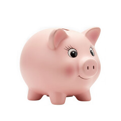 Obraz premium A cute pink ceramic piggy bank with painted eyes and a smiling face isolated on transparent background