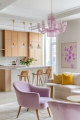 Fototapeta premium Modern kitchen and living area with light wood, soft pinks, and gold accents