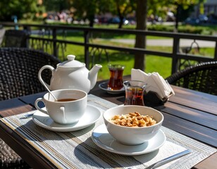 Outdoor cafe breakfast scene