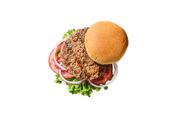 Deconstructed beef burger with lettuce tomato and onion isolated on transparent background