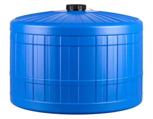 Side view of large blue plastic water tank with ribbed texture and screw cap, isolated on transparent background PNG