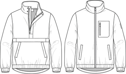 Cad drawing flat vector illustration of men’s technical windbreaker jacket with zipper, pockets, high neck, elastic cuffs, modern outerwear design © Titan