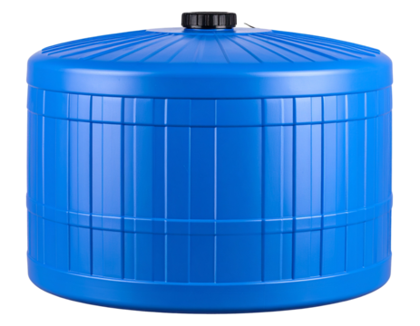 Side view of large blue plastic water tank with ribbed texture and screw cap, isolated on transparent background PNG