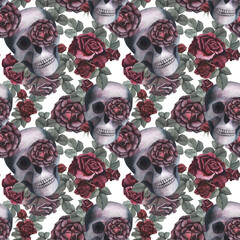 Seamless pattern Scull, dark roses with black spider, cobweb isolated on white background. Watercolor hand drawn illustration. Art design mystical graphics Halloween witch fabric, textile decoration