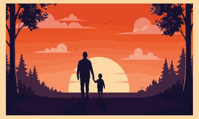 Silhouette of a father walking with his child at sunset. Perfect for Father's Day cards, posters, or parenting blogs
