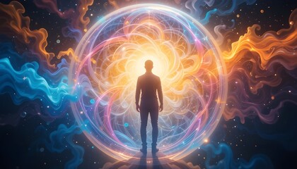 Silhouette of a man standing before a luminous, swirling energy sphere in a cosmic setting.