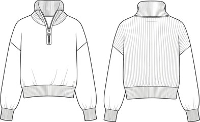 Cad drawing flat vector illustration of women’s half zip pullover sweater with ribbed collar, waistband, cuffs, oversized fit design © Titan