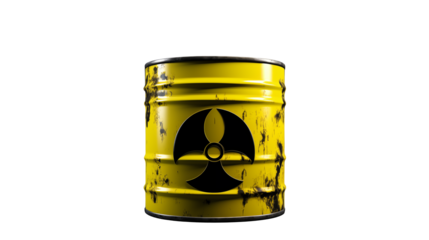 Yellow barrel displays a radiation warning symbol with grunge texture Isolated on transparent Background 