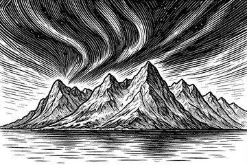 Dramatic Engraved Landscape with Mountains, Aurora Borealis, and Water Reflection in Black and White